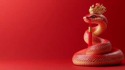 Obraz premium elegant snake coiled gracefully, wearing a red and gold crown with a Chinese lantern accessory, vibrant red background, Chinese New Year theme, festive and majestic, copy space