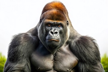 Obraz premium Majestic Silverback Gorilla on Lookout in Natural Stance Against a Pure White Background, Capturing Strength and Power in Wildlife Photography