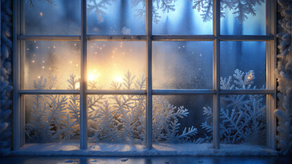 Frosted window with snow-covered plants and warm light creating a cozy winter atmosphere