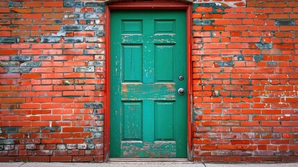Weathered Green Door in Red Brick Wall