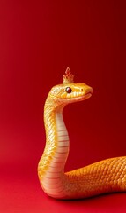 Fototapeta premium majestic snake adorned with golden scales and a small red crown, minimalist red backdrop, Chinese New Year celebration, radiant and joyful, copy space