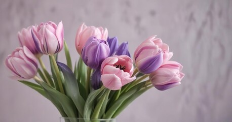 Fototapeta premium Pastel pink & purple tulips bouquet, soft light background, elegant, stock, closeup