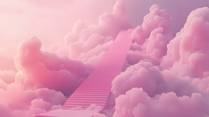 A dreamy staircase ascending into pink-hued clouds, evoking tranquility and wonder. Echo. Illustration