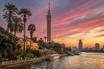 Obraz premium Majestic View of Cairo Tower Overlooking the Nile River at Sunset, Capturing the Heart of Egypt's Urban Landscape in Stunning High Depth of Field