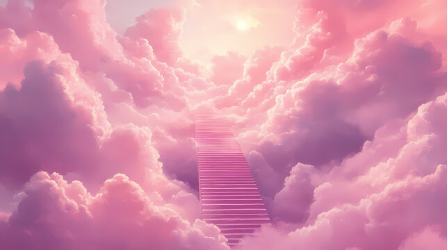 A dreamy staircase ascending into pink-hued clouds, evoking tranquility and wonder. Echo. Illustration