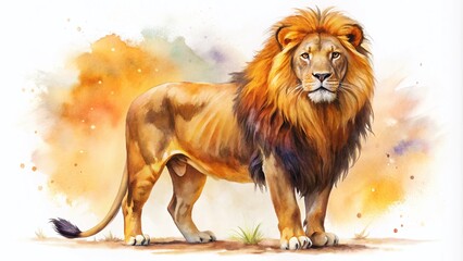 Obraz premium Majestic Watercolor Illustration of a Standing Male Lion Isolated on White Background, Capturing the Splendor and Power of This Iconic African Animal in Stunning Detail