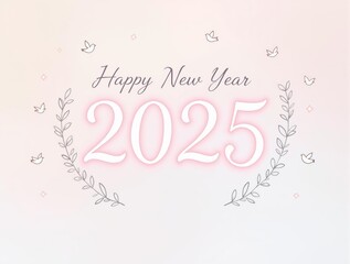 Elegant Light Pink New Year 2025 Greeting with Birds and Wreath Design