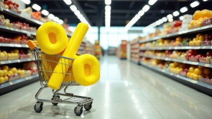 Shopping cart filled with large yellow percentage signs in a brightly lit supermarket aisle