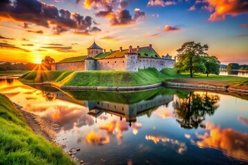 Fototapeta premium Majestic Wisloujscie Fortress at Dawn: A Serene View of Historic Architecture Surrounded by Nature's Beauty and Calm Waters, Capturing the Essence of Poland's Rich Heritage