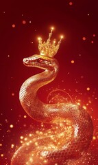 Fototapeta premium regal snake wearing a gold crown and surrounded by soft glowing lights, minimalist red background, traditional Chinese New Year design, copy space
