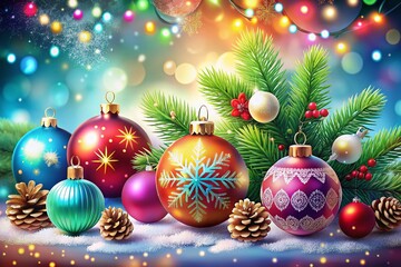 Fototapeta premium Merry Christmas Illustration with Festive Elements Featuring Bright Colors, Bokeh Effect, and Vibrant Holiday Decorations for a Cheerful and Joyful Atmosphere