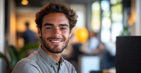Young man with curly hair and beard smiles confidently at modern workspace during daylight hours in a bustling office environment