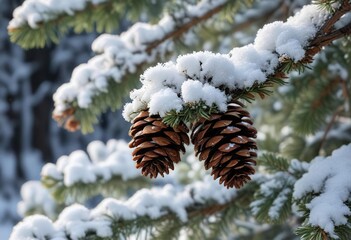 Pine cone covered in snow, partially hidden by branches, snow-covered branch, autumnal colors