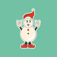 A cool snowman character wearing a Santa hat and making the rock-and-roll hand gesture. Perfect for fun, playful Christmas designs.