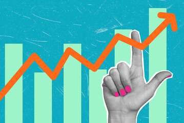 Contemporary art collage showing a hand with an upward pointing arrow and a graphic with growing bars.