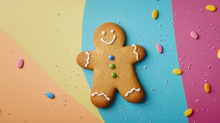Naklejka premium gingerbread on colorful background. copy space 