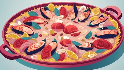 Fototapeta premium Illustration of the Spanish dish Paella. Paella in a pan with blue background.