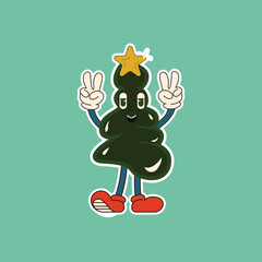 Fototapeta premium A cheerful Christmas tree character with arms and legs, wearing red shoes and making a peace sign. Perfect for fun, playful Christmas designs.