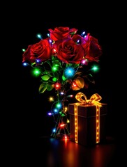 Christmas Bouquet of Red Roses with Twinkling Lights and Gift Box