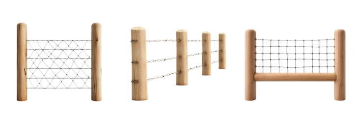 A series of wooden fence posts connected by wire, showcasing different arrangements and dimensions.