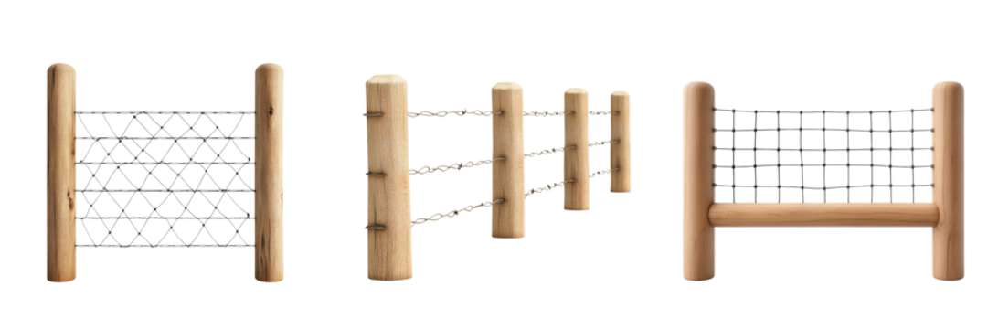 A series of wooden fence posts connected by wire, showcasing different arrangements and dimensions.