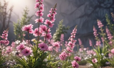 Obraz premium Pink Morden Blash flowers swaying gently in the breeze, moving blooms, wind-blown flowers