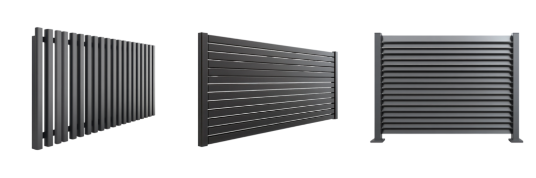 A series of three modern, horizontal metal fences with sleek lines and varying orientations.