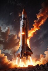 Naklejka premium Powerful rocket blasting off into the distance with a fiery glow , propulsion, fuel, glow