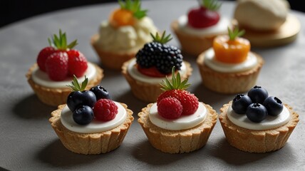 Assorted mini fruit tarts with creamy filling.