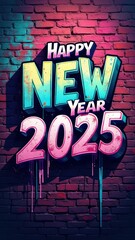 Vibrant Graffiti-Style New Year 2025 Graphic Design on Brick Wall