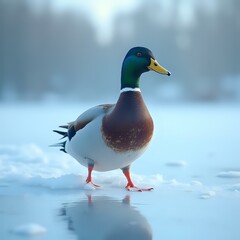 Fototapeta premium A colorful duck, with a vivid green head and yellow beak, stands on a frozen body of water, its reflection beautifully mirrored in the ice beneath it.