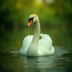 Obraz premium A close-up photo of a graceful swan floating on calm water, with a blurred green background.