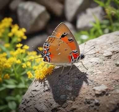 Red Banded Hairstreak butterfly on a sunny rock with goldenrod in the background, Calycopis cecrops, photography