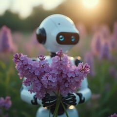 A white humanoid robot with blue eyes is holding a bouquet of purple flowers against a blurred background with a sunlit sky.