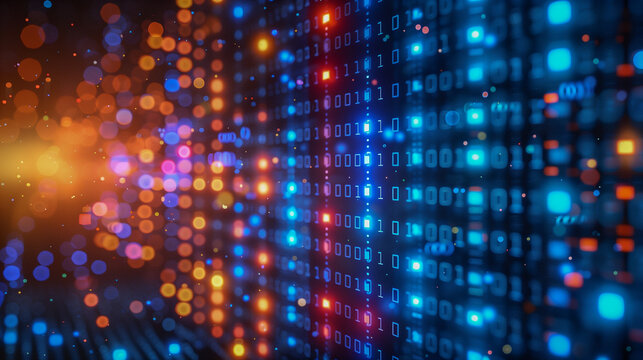 Abstract Digital Binary Code with Colorful Bokeh Lights..