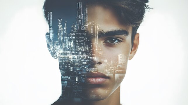of a man with a serious expression, his face overlaid with the harsh silhouette of a factory, symbolizing the dehumanizing effects of toxic masculinity in the workforce. [men's]:[toxic masculinity] 