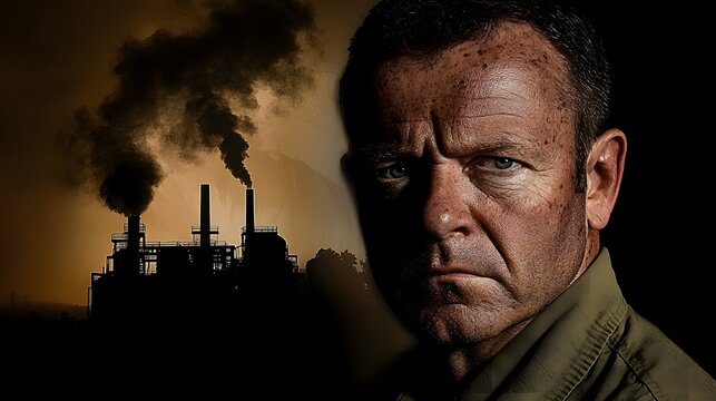 of a man with a serious expression, his face overlaid with the harsh silhouette of a factory, symbolizing the dehumanizing effects of toxic masculinity in the workforce. [men's]:[toxic masculinity] 