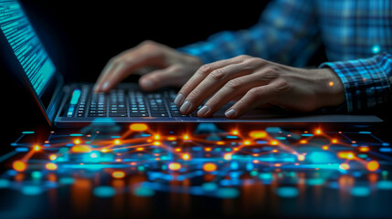 Hands Typing on Laptop with Glowing Data Network Overlay..