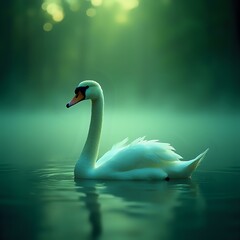 Fototapeta premium A white swan glides gracefully across a tranquil body of water, its reflection mirrored in the serene surface, with a softly blurred background suggestive of a lush, green environment.