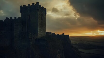 Sunset Silhouette of a Clifftop Castle Illustration