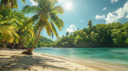 Obraz premium Idyllic Tropical Beach with Palm Trees and Clear Waters..