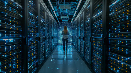 Data Center with Illuminated Servers and Tech Professional..