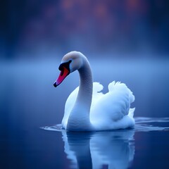 Obraz premium A graceful white swan with a pink and black beak is captured mid-flight, its reflection mirrored in the still water below, against a serene blue backdrop.