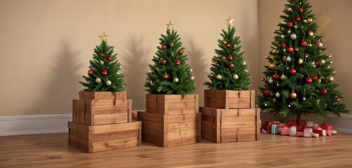 A stack of brown wooden boxes with a small Christmas tree in the background, christmas tree, stacked boxes