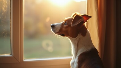 Dog Looking Out Window with Golden Light and Soft Background