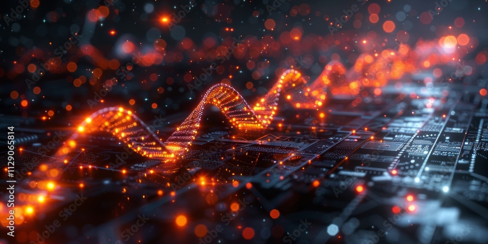 Poster glowing orange wave of digital data flowing across a futuristic circuit board, representing advanced
