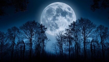 full moon over dark spooky forest at night