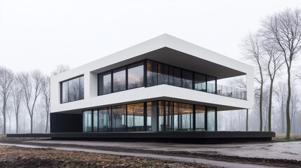 Modern white two-story house with large windows and dark base, situated in a misty landscape.