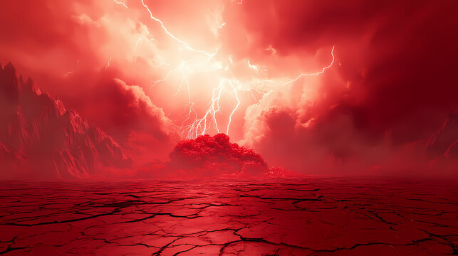 Red hell the ground cracked red, there was fog above, red clouds, lightning flashed in the distance, there was a red volcano covered in dust and explosions. Magma. Illustration