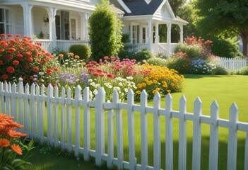 Fototapeta premium A sunny lawn with a white picket fence offers a serene backdrop for a lush green garden filled with vibrant flowers , peaceful, natural beauty, outdoor scenery
